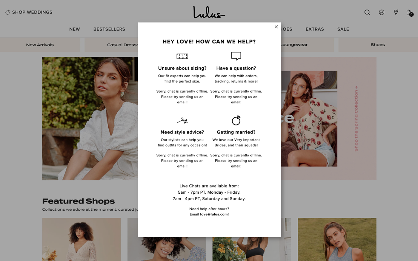 lulus support tab example - best practices for ecommerce website design
